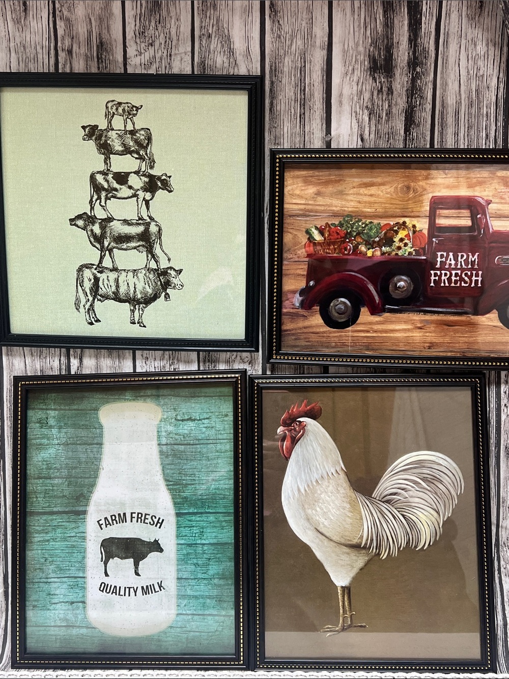 Farmhouse Framed Wall Art Set - Rooster, Milk Bottle, Cows & Truck